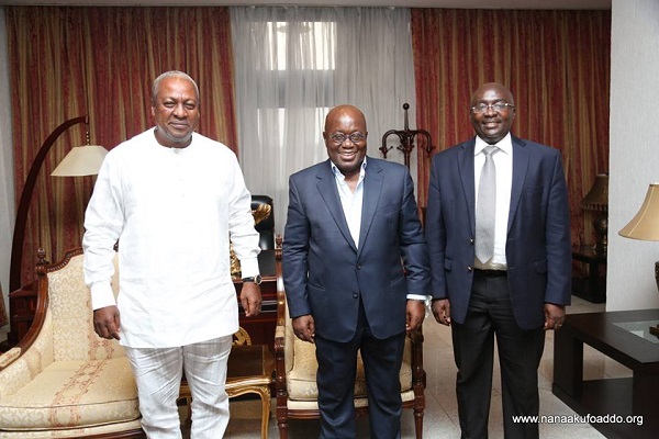 President John Dramani Mahama (l) with President-elect Nana Akufo-Addo (m) and his Vice Dr Mahamudu Bawumia/Photo: NAA